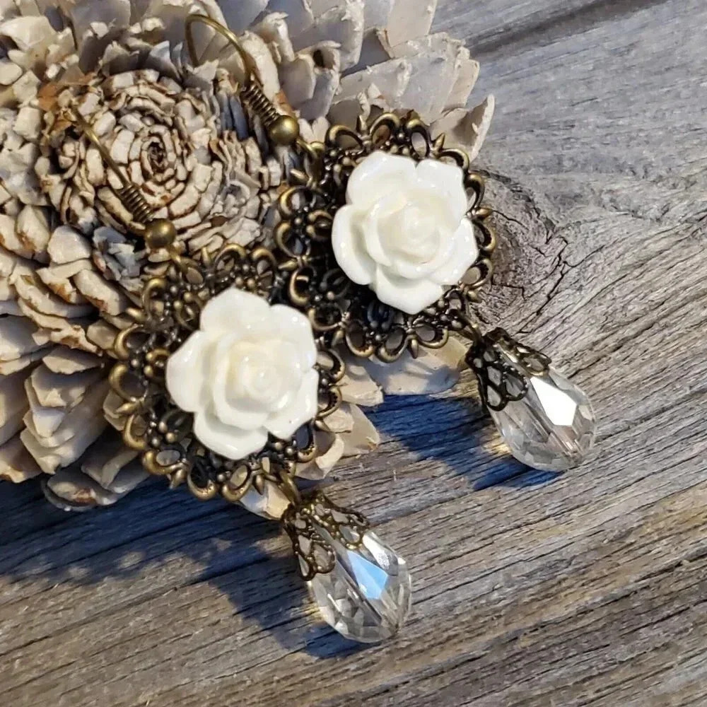 Lacy Bronze Filigree White Rose Cabochon Teardrop Cut Crystal Earrings